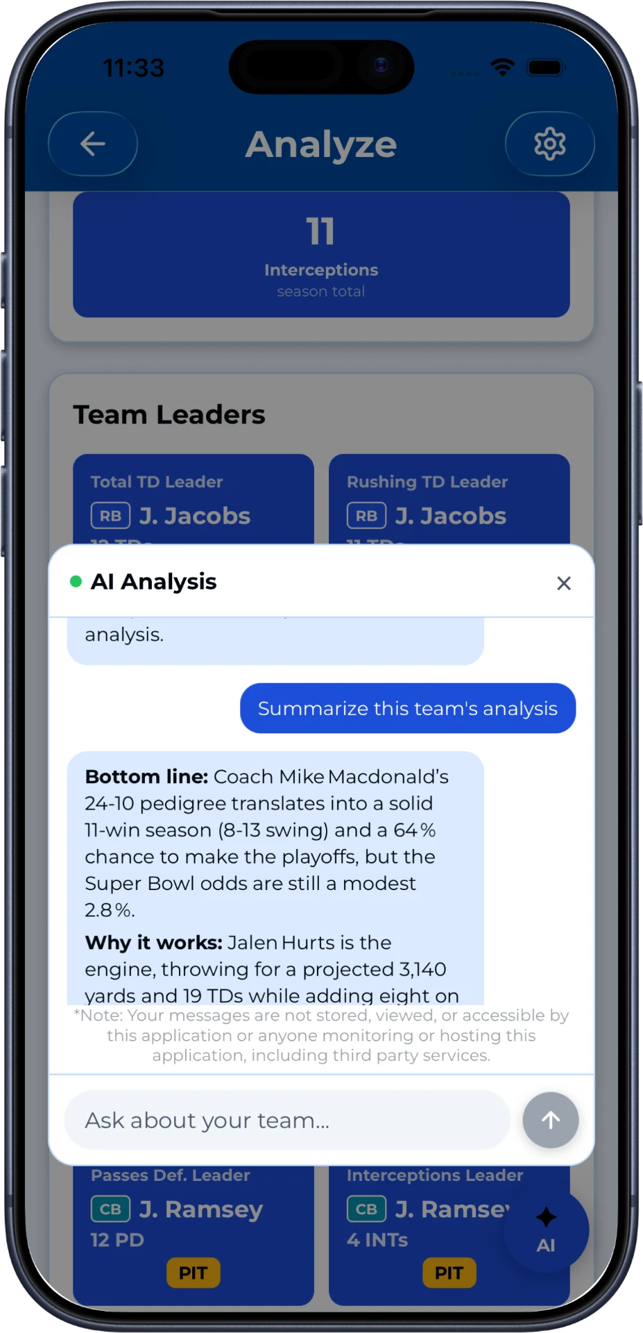 Pro Football RTGA built-in AI analyst chat on an iPhone