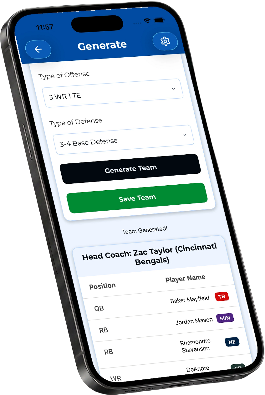 Pro Football RTGA Generate screen shown on a right-facing angled iPhone