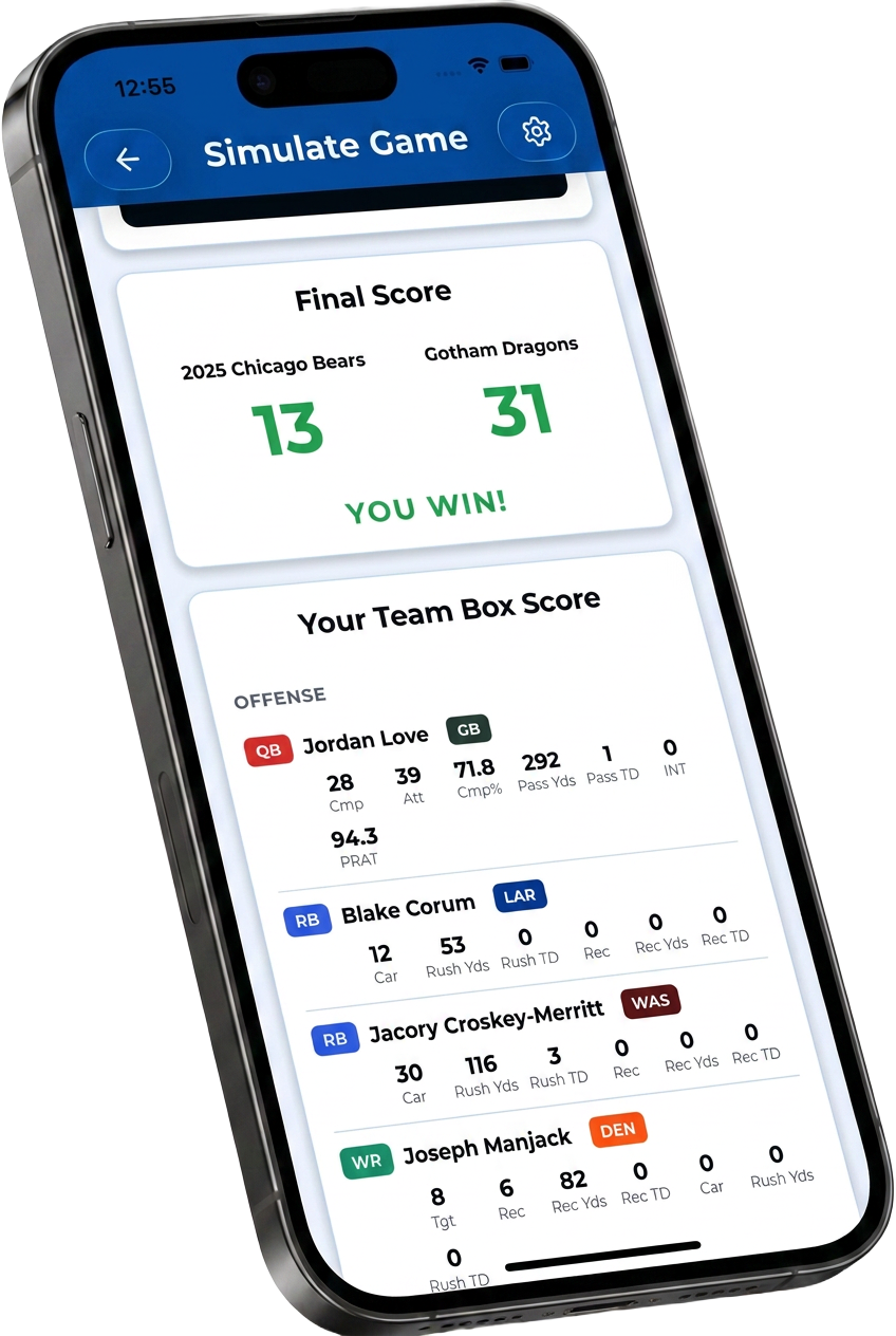 Pro Football RTGA simulated game final score and box score on an angled iPhone